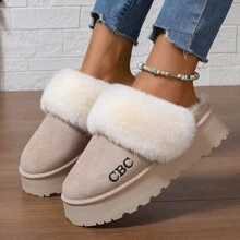 Zapatillas de estar por casa con forro de peluche grueso y cálido, suela suave y esponjosa, estilo europeo y estadounidense para mujeres - Albaricoque - Ver 5