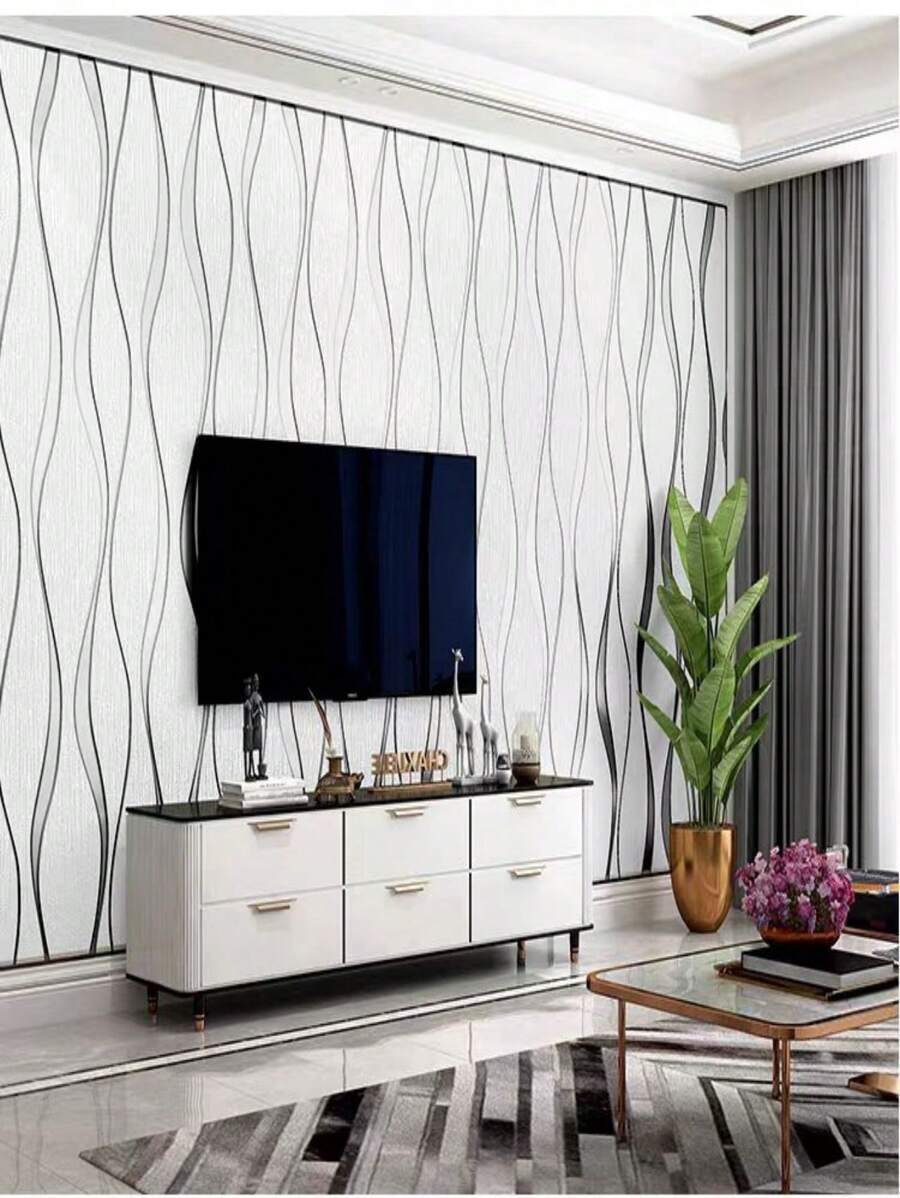 Modern Simple 3D Stereoscopic Curved Wave Vertical Striped NonWoven