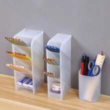 Slanted Pen Holder, Plastic Multi-Compartment Pen Organizer, 4-Slot Lipstick Holder, Cosmetic Storage Rack, Desktop Storage Box - Multicolor - View 5