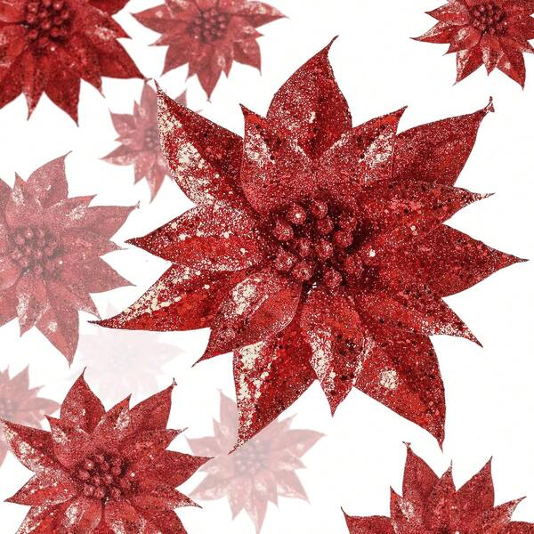 Christmas Glittering Flowers, Christmas Tree Decorations, Sparkling Artificial Red Christmas Flower Decorations With Clips Suitable For Christmas Holidays, Weddings, Wreaths, Parties, Flower Decorations (Red)