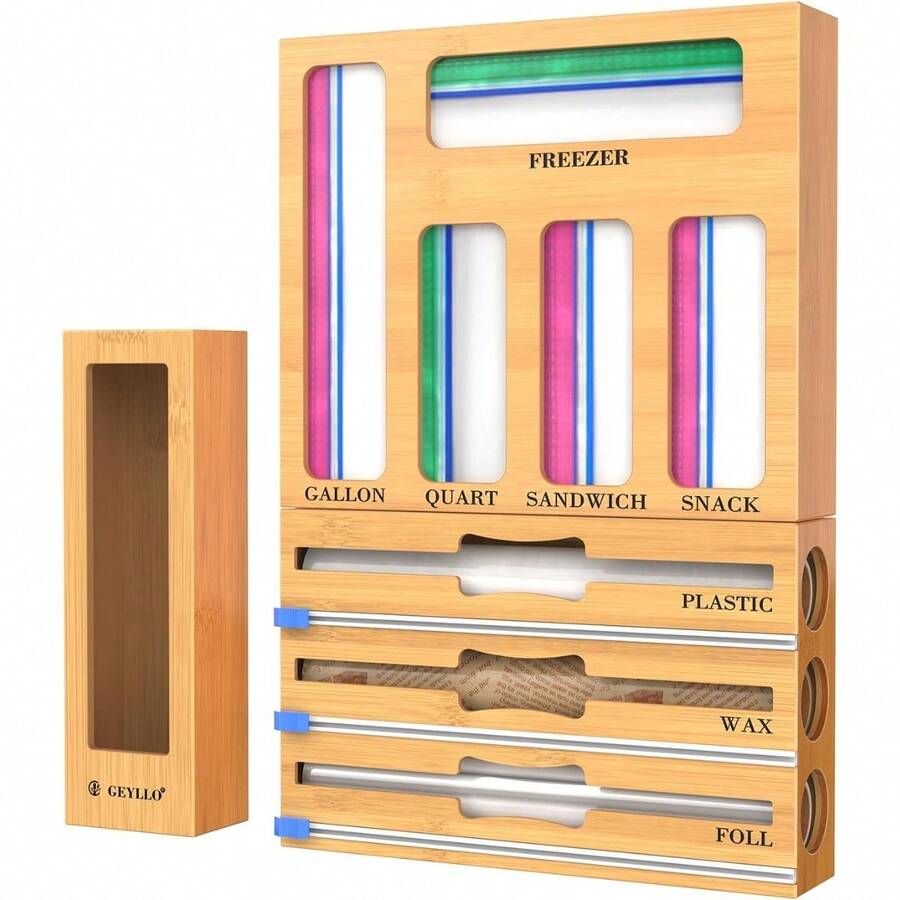 9 In 1 Bamboo Foil & Plastic Wrap Organizer For Kitchen Drawer, Plastic Bag Organizer Organization And Storage, Food Storage Bag Organizer With Labels For Quart Gallon Snack Sandwich Bag - 卡其色 - 查看 1