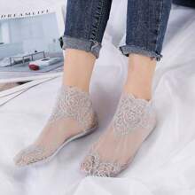 Sports Outdoor 5pairs Lace Trim Short Socks For Women, Lightweight Embroidered Mesh Breathable Mid-Calf Socks For Spring And Summer - Multicolor - View 14