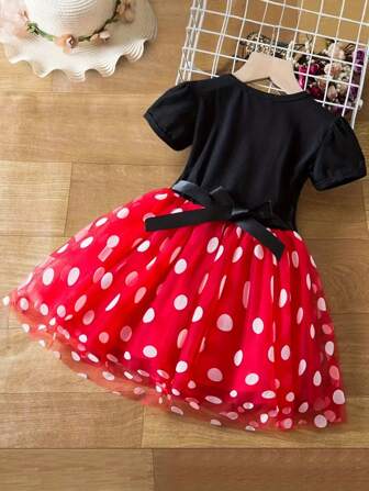 Young Girl Summer Polka Dot Print Short Sleeve Princess Dress