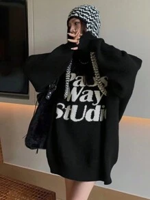 新款情侣宽松韩版字母图案落肩套头毛衣，秋冬