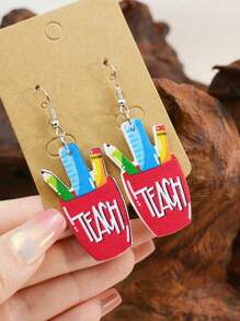 Bộ quà tặng văn phòng phẩm mùa tựu trường/tốt nghiệp 9 đôi - Thước kẻ, bút chì, hộp đựng bút, thiết kế đề can cốc cà phê, trang sức bông tai nhẹ in hai mặt bằng da mềm dành cho giáo viên - bộ 9 món - Xem 2