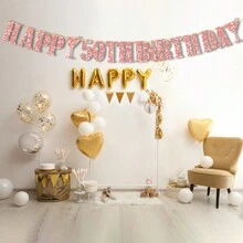 1pc 18/21/30/40/50/60 Rose Gold/Golden/Black/Champagne Glitter Happy Birthday Banner, Anniversary Party Decoration, Rose Gold Champagne Bottle Party Decoration,Christmas