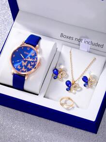 SOKI SOKI 1 Set Zirconium Oxide Blue Butterfly Necklace, Sparkling Cubic Zirconia Embedded Butterfly Pendant Necklace And Earrings, Ring, Simple Design Set And Fashion, Casual Butterfly Dial, Round Case, Pu Strap Quartz Women's Watch Perfect For Everyday Wear, Birthday Gifts, Parties, Holiday Gatherings, And As The Ideal Gift For Yourself Or Friends Boxes Not Included