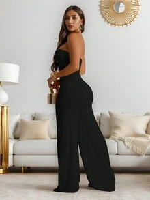Solid Color Smocked Casual Wide Leg Pants Slim Jumpsuit New Birthday Party Office Spring Summer - Black - View 3