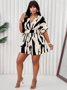 BIUBIU Plus Size Surplice Neck Batwing Sleeve Romper (Allover Pattern Random) - Apricot - View 4