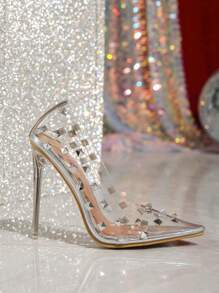 Pointed Transparent Tangerine Decor Low Vamp Stiletto High Heel Fashion Shoes Wedding Shoes, Sizes 35-42