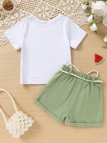 Bộ đồ thể thao cổ tròn in chữ và họa tiết dưa hấu thoải mái cho bé gái kèm quần short thể thao cạp chun trơn, có thắt lưng dệt, thích hợp cho các chuyến đi chơi mùa hè, ngày lễ và tiệc tùng - Nhiều màu - Xem 2