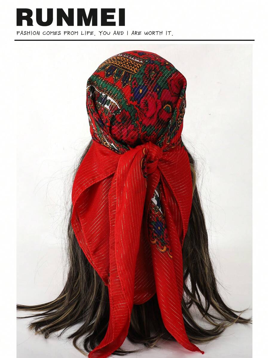 1pc Women Scarves Elegant Multi-Color Gilded Floral Printed Multifunctional Square Scarf, Ideal Gift Silk Scarves - Red - View 1