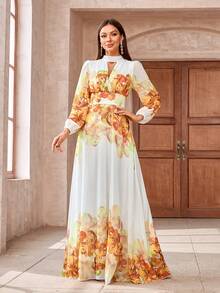 花卉印花锁孔领口系带露背连衣裙 - 黃色 - 查看 4