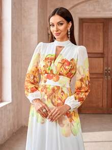 花卉印花锁孔领口系带露背连衣裙 - 黃色 - 查看 6