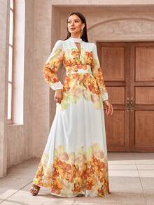 花卉印花锁孔领口系带露背连衣裙 - 黃色 - 查看 5