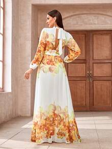 花卉印花锁孔领口系带露背连衣裙 - 黃色 - 查看 3