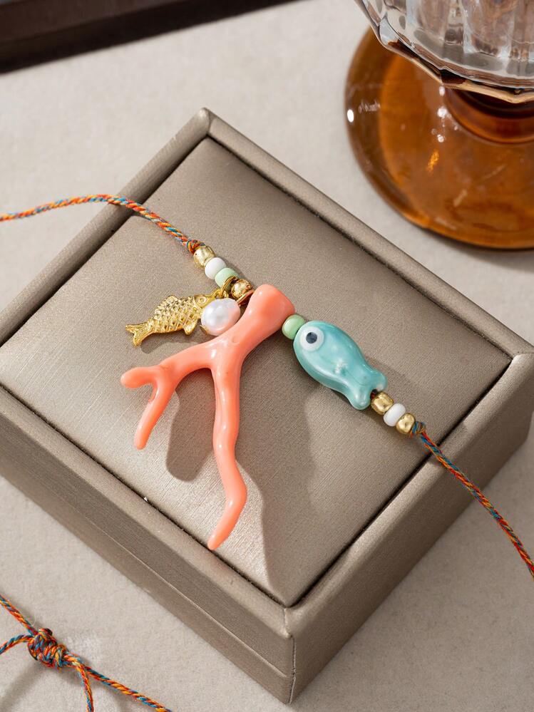 Ocean Style Fish Design Imitation Coral Pendant Necklace With Braided Rope For Women Daily, Travel, Party Jewelry Accessories (Molding Sprue Marks May Exist Due To Imitation Coral Craft, Not Smooth) - Multicolor - View 2
