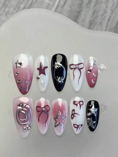 10 Long Almond Toenails Hand-Painted Purple Blush Stars, Bow Design Manicure Art Handmade Nail Nails Summer Nails Press On Nails Beach Essentials,Beautiful Fake Nails, DIY, Halloween Nail Supplies,Suitable For Ladies To Use In Weddings, Parties, Holidays, Gift Nail Tools.