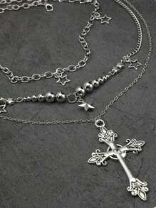 3入組復古哥德式十字星形流蘇項鍊套裝，鑲嵌水晶的非常規星形珠子嘻哈極簡主義項鍊套組合，適用於女性
