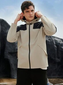 Boyfriend Style Men's Color Block Hooded Long Sleeve Lightweight Outdoor Sport Jacket, Suitable For Camping, Hiking, Fitness, Travel And Other Outdoor Activities - Beige - View 3