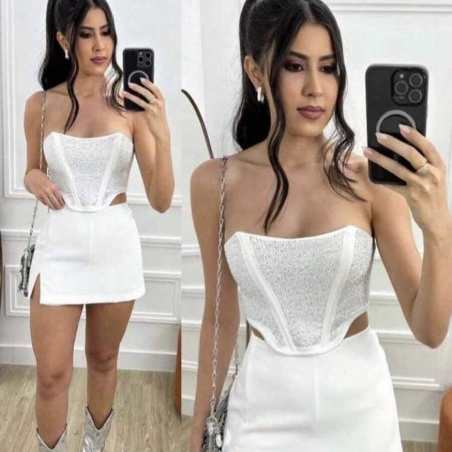 Cropped Women's Corset Without Cup Strass Strapless Fashion Blogger - 白色 - 查看 1