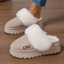 Zapatillas de estar por casa con forro de peluche grueso y cálido, suela suave y esponjosa, estilo europeo y estadounidense para mujeres - Albaricoque - Ver 2