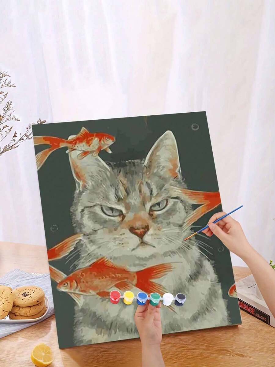 1 套愤怒的小猫和金鱼个性化 DIY 丙烯画套装，卧室墙壁装饰艺术品，送给朋友的最佳礼物，40*50 厘米 - 紅色 - 查看 1