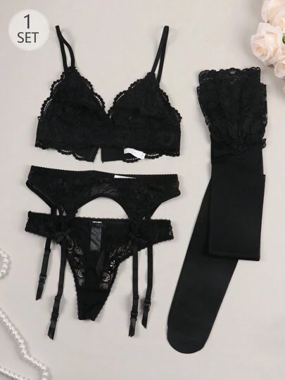 Women's Sexy Solid Color Lace Lingerie Set, Including Bra, Garter Belt, Panties, And Stockings