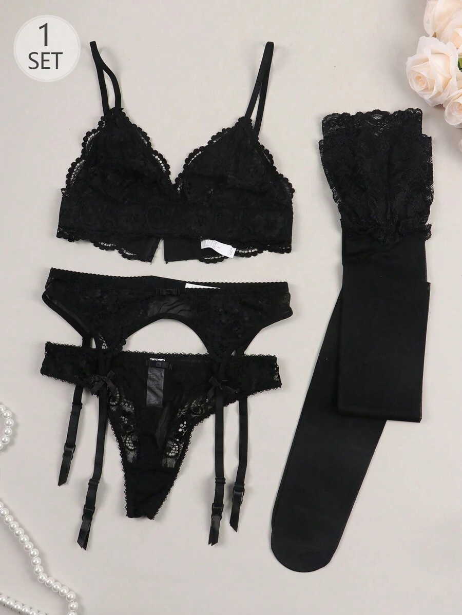 女士性感纯色蕾丝内衣套装,包括胸罩、吊袜带、内裤和长筒袜 - 黑色 - 查看 1