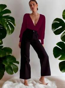 Blusa escote V manga larga abullonada sexy para mujer - Púrpura malva - Ver 1