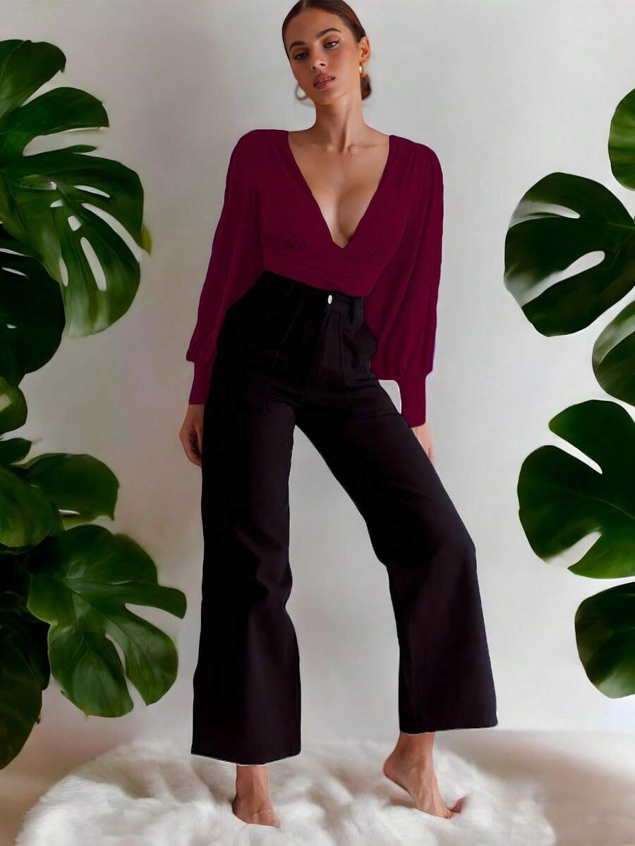 Blusa escote V manga larga abullonada sexy para mujer - Púrpura malva - Ver 1