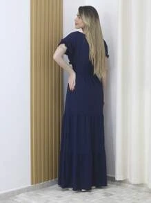 Women's Long, Short-Sleeved Dress With Lining And Dune Fabric (Polyester) - Maxma 8410 - Navy Blue - View 2