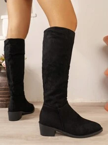 Vintage Style Black Western Knee-High Boots With Chunky Heels, Autumn/Winter New Arrival For Women