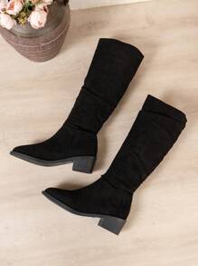 Vintage Style Black Western Knee-High Boots With Chunky Heels, Autumn/Winter New Arrival For Women
