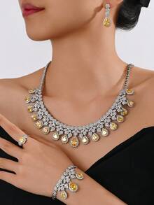 Bộ trang sức 4 món - Vòng cổ, Bông tai, Nhẫn và Vòng tay - Phụ kiện cô dâu đính đá Cubic Zirconia xanh - Màu vàng - Xem 2