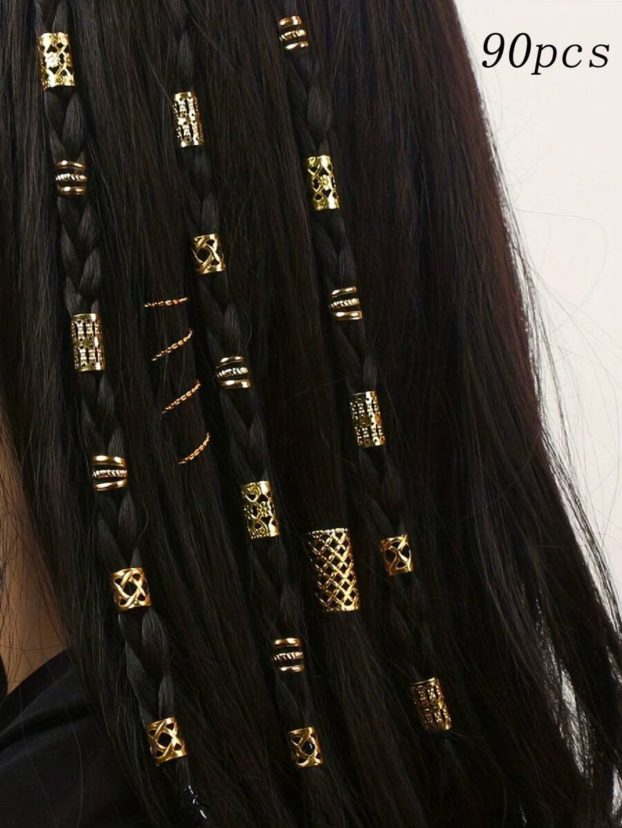90 Chiếc Vòng Tóc Rỗng, Dreadlocks Hạt Bện Tóc Nhẫn Kẹp Dread Ổ Khóa Tết Tóc Kim Loại Còng Trang Trí/Phụ Kiện Trang Sức - Vàng - Xem 1