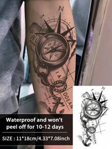 1 pieza Tatuajes temporales de reloj de brújula de estilo europeo geométrico, resistentes al agua y al sudor, duran de 1 a 2 semanas, realistas, de jugo de hierbas, sin reflejo, falsos negros, tatuajes falsos para mujeres y hombres, calcomanías de tatuaje para brazo, pecho, pierna, abdomen, cintura, arte corporal modernista - Negro - Ver 7