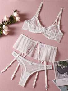 3 件套波尔卡圆点印花褶皱吊袜带网眼女士异国情调内衣套装褶边透明浪漫内衣半罩杯带蝴蝶结荷叶边裙 - 白色 - 查看 6