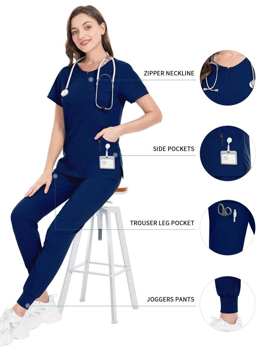 Casual Summer Short Sleeve Top And Pants Uniform Scrub Set For Staff - Navy Blue - View 1