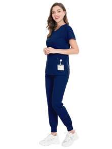 Casual Summer Short Sleeve Top And Pants Uniform Scrub Set For Staff - Navy Blue - View 2
