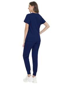 Casual Summer Short Sleeve Top And Pants Uniform Scrub Set For Staff - Navy Blue - View 4
