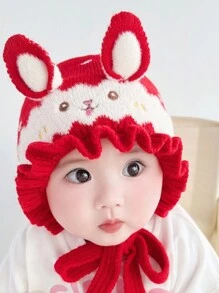 女婴可爱迷人的针织护耳帽，秋冬季 - 可愛小兔荷葉邊繫帶護耳毛帽 - 查看 12