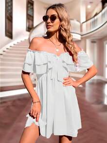Vestido sexy con holanes campesino corto para mujer - Blanco - Ver 2