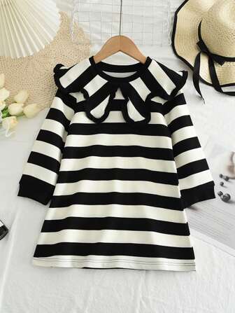 Young Girl Oversized Striped Lapel Collar Long Sleeve Dress, Spring & Autumn