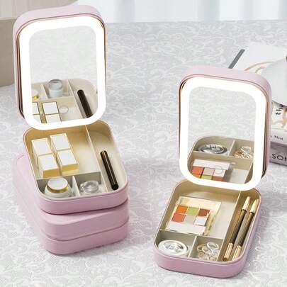 Travel Makeup Case With Lighted Mirror, Partitionable Cosmetic Bag, Professional Cosmetic Artist Organizer, Waterproof Portable, Travel Toiletry Bag For Women, Makeup Bag Case With 4 Compartments