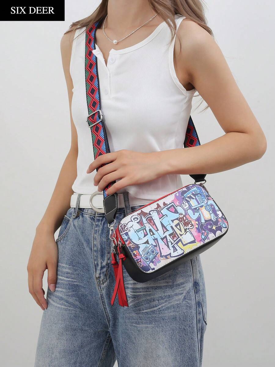 輕盈小方包，斜跨包，日常通勤女孩相機袋，字母塗鴉PU材質 - 紅色 - 查看 1