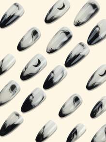 Y2K Update Your Look 24Pcs Short Almond Super Glossy Press On Nails Black Fashion Glitter Gradient Geometry Stripe Moon Heart Pattern Beauty Simple Style Fake Nails Artificial Finger Manicure False Nails For Women Nail Supplies Nails