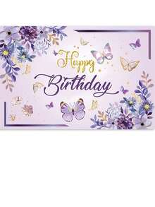 1 pieza Tela de fondo de estudio con mariposa de dibujos animados, puntos dorados, flores para fiesta de cumpleaños de bebé - Multicolor - Ver 26