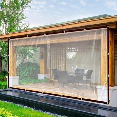 1 块透明无色防雨油布，加密索环，抗撕裂拉绳，防风、防尘、防水、防雪。花园防雨罩、庭院围栏、露营户外帐篷罩、门廊天篷，非常适合露台、花园、鸡舍、猪圈和露营