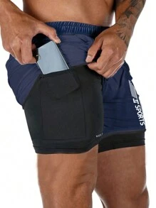Shorts de Corrida 2 em 1 para Homens Aolesy, Shorts Atléticos de Treino para Academia Secagem Rápida e Leves com Bolsos para Homens - Preto - Ver 2